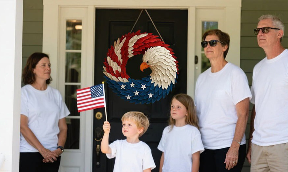 Family scene with wreath on door