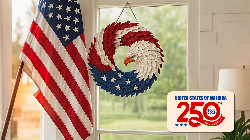 Wreath near window with flag